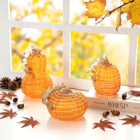 glitzhome 3Pcs Handmade Table Top Glass Pumpkin, Collectible Sculpture Glass Pumpkins for Fall Halloween Thanksgiving Decorations, Orange in Saudi Arabia