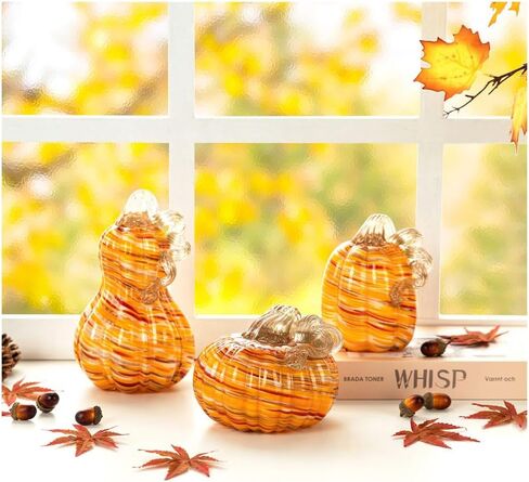 glitzhome 3Pcs Handmade Table Top Glass Pumpkin, Collectible Sculpture Glass Pumpkins for Fall Halloween Thanksgiving Decorations, Orange in Saudi Arabia