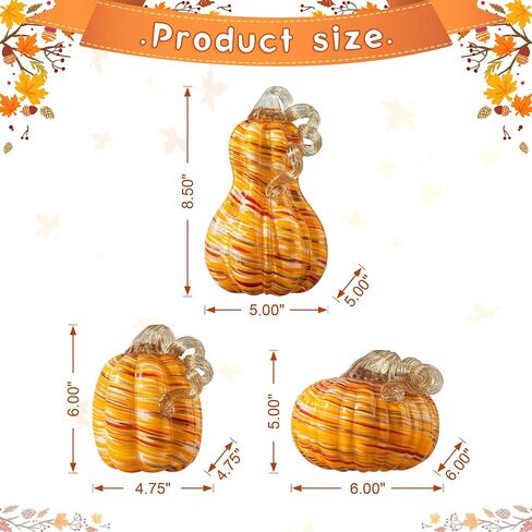 glitzhome 3Pcs Handmade Table Top Glass Pumpkin, Collectible Sculpture Glass Pumpkins for Fall Halloween Thanksgiving Decorations, Orange in Saudi Arabia