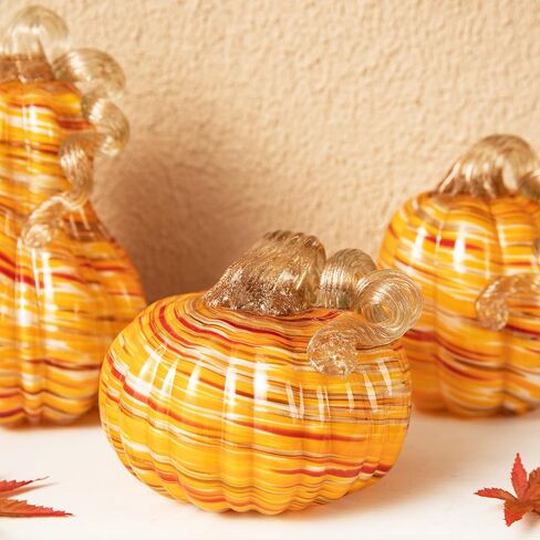 glitzhome 3Pcs Handmade Table Top Glass Pumpkin, Collectible Sculpture Glass Pumpkins for Fall Halloween Thanksgiving Decorations, Orange in Saudi Arabia