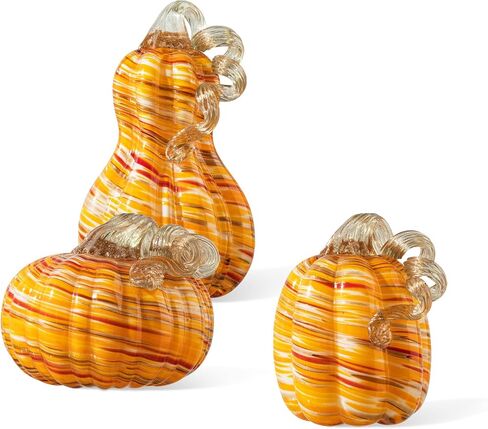 glitzhome 3Pcs Handmade Table Top Glass Pumpkin, Collectible Sculpture Glass Pumpkins for Fall Halloween Thanksgiving Decorations, Orange in Saudi Arabia