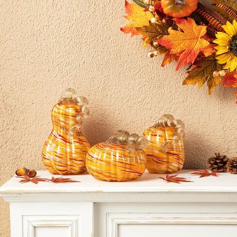 glitzhome 3Pcs Handmade Table Top Glass Pumpkin, Collectible Sculpture Glass Pumpkins for Fall Halloween Thanksgiving Decorations, Orange in Saudi Arabia