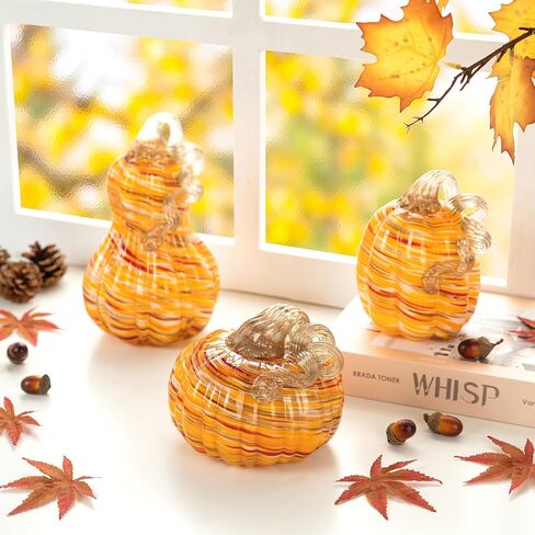 glitzhome 3Pcs Handmade Table Top Glass Pumpkin, Collectible Sculpture Glass Pumpkins for Fall Halloween Thanksgiving Decorations, Orange in Saudi Arabia
