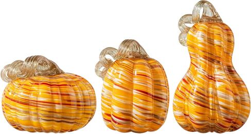 glitzhome 3Pcs Handmade Table Top Glass Pumpkin, Collectible Sculpture Glass Pumpkins for Fall Halloween Thanksgiving Decorations, Orange in Saudi Arabia