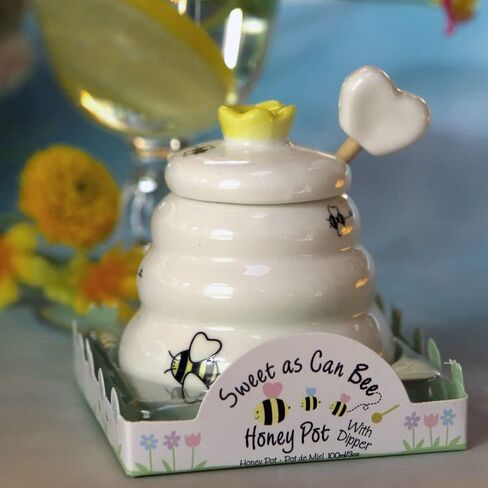 وعاء عسل صغير من السيراميك من Kate Aspen Sweet as Can Bee مع غمس عسل خشبي (3.4 أونصة) برطمان عسل، ديكور النحل، أبيض/أصفر (23261WT) in Kuwait