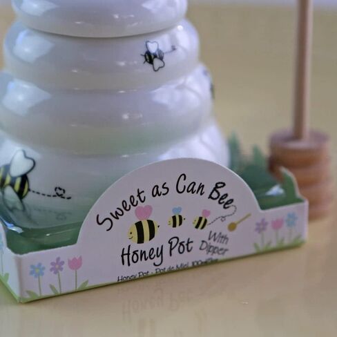 وعاء عسل صغير من السيراميك من Kate Aspen Sweet as Can Bee مع غمس عسل خشبي (3.4 أونصة) برطمان عسل، ديكور النحل، أبيض/أصفر (23261WT) in Kuwait