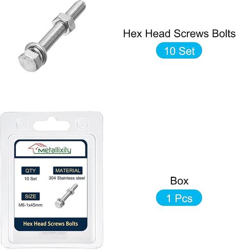 Hex Head Screws Bolts, Nuts, Flat & Lock Washers Kits (M6-1x45mm) 10 Set, Stainless Steel Fully Threaded Machine Screws Bolt Set - for Home Appliance Equipment in Saudi Arabia