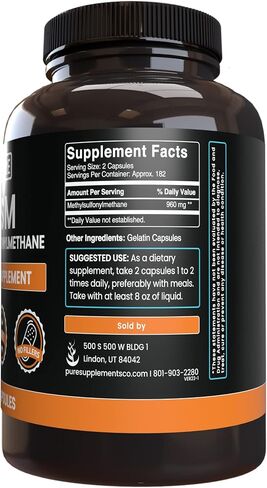PURE ORIGINAL INGREDIENTS MSM (365 Capsules) No Magnesium Or Rice Fillers, Always Pure, Lab Verified in Saudi Arabia