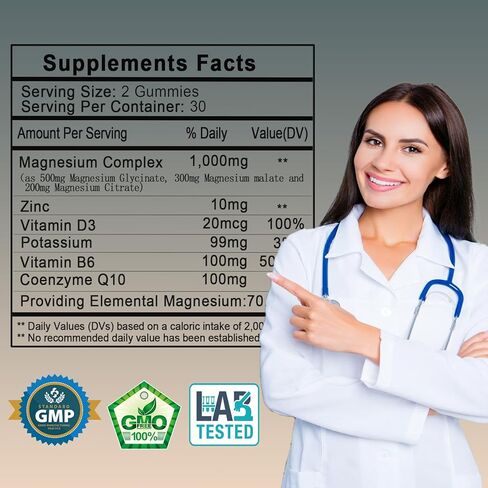 Triple Magnesium Complex - High Absorption Magnesium Gummies, Magnesium Glycinate, Malate, & Citrate, Chelated Forms with Vitamin D and Zinc, Potassium, Coq10 Supplement for Muscle, Nerve, Heart in Saudi Arabia
