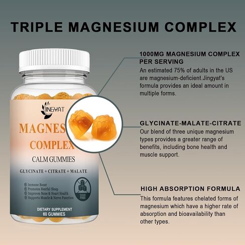 Triple Magnesium Complex - High Absorption Magnesium Gummies, Magnesium Glycinate, Malate, & Citrate, Chelated Forms with Vitamin D and Zinc, Potassium, Coq10 Supplement for Muscle, Nerve, Heart in Saudi Arabia