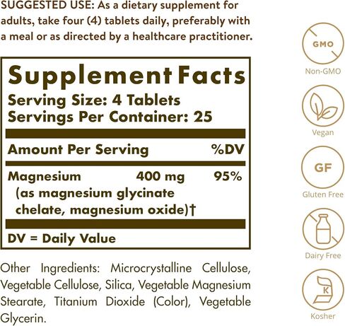 سولجار مغنيسيوم مخلبي، 100 قرص - حاصل على براءة اختراع، شكل عالي الامتصاص - يدعم وظيفة الأعصاب والعضلات - يعزز صحة العظام - غير معدّل وراثيًا، نباتي، خالي من الغلوتين، خالي من منتجات الألبان، كوشير - 25 حصة in Saudi Arabia