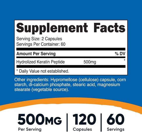 Nutricost Keratin Hydrolized Peptide Capsules - 500MG, 120 Capsules (60 Servings) - Non-GMO, Gluten-Free Formula in Saudi Arabia