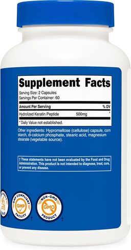 Nutricost Keratin Hydrolized Peptide Capsules - 500MG, 120 Capsules (60 Servings) - Non-GMO, Gluten-Free Formula in Saudi Arabia