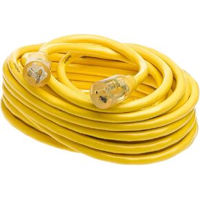 Yellow Jacket 2992 10/3 Extra Heavy-Duty 20-Amp Premium SJTW Contractor Extension Cord with Lighted T-Blade Plug; 100-Foot All Copper Wire Extension Cord; 20 Amps; 125 Volts; 2500 Watts; Yellow