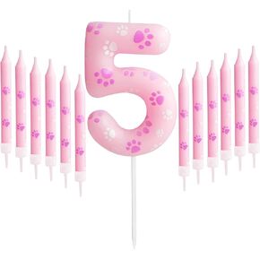 Dog Paw Birthday Candles Numbers 3 Candle with 12 Pieces Long Thin Candles, Dog Paw Print Birthday Party Decorations,Pink Birthday Candles Cake Toppers for Boy Girl Birthday Party Anniversary Supplies