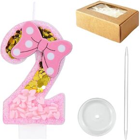 Girls Pink Number Birthday Candle, Gold Glitter Pink Number Candle with Bow, Princess Girls Women Sweet Theme Birthday Party Decoration Cake Topper (Number 2)