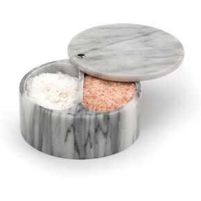 RSVP International Dual Compartment Box | Chic & Modern Herb Container | 10 Ounces Total | Swivel Top Protects Salts | Beautiful, Solid Marble, 5", White