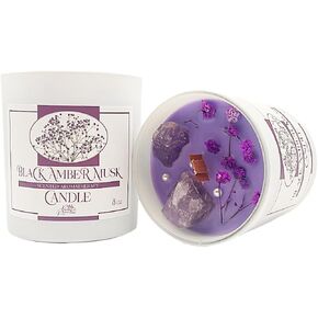Scented Candles Gifts for Women, Non-Toxic Amber 8% Scented Candle with 2 Healing Crystals & 1 Wooden Wick in Cute Glass Jar, Aromatherapy Stress Relief Candle, 50hr Burn Time (Amber/Amethyst, 8 OZ)