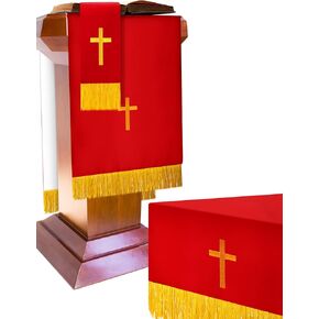 Set of 3 Reversible Red White Parament Set Clergy Table Runner Bookmark Pulpit Scarf with Gold Cross Church Pulpit Accessories