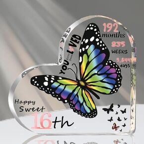 Sweet 16 Gifts for Girls, Acrylic Butterfly in Heart Ornaments Keepsake, Girl's 16th Birthday Decorations Decor for Table Desk Shelf Mantle Home Office (4.9 * 4.9") in Saudi Arabia