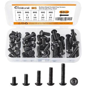 M6 x 30mm 35mm 40mm 45mm 50mm Button Head Socket Cap Screws Bolts, 10.9 Grade Alloy Steel, Metric Allen Hex Drive, Black Oxide Finish, Fully Threaded, Assortment Kit 50Pcs