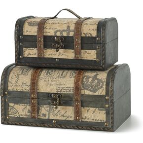 SLPR Decorative Vintage Storage Box - Set of 2, Antique Suitcases with Handle and Hinged Lids for Home Décor and Storage, Retro Wooden Travel Chest Trunk with Paris Style