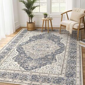 Washable Rug 9x12 Area Rugs for Living Room Bedroom Dining Room Home Office Floor Decor -Stain & Fade Resistant Non Slip Backing Carpet,Ultra-Thin Vintage Large Area Rug (Brown/Beige,9'x12')