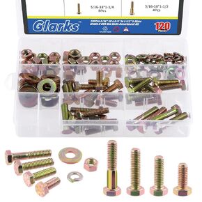 Glarks 120Pcs 5/16"-18 Grade 8 Coarse Thread Hex Bolts Nuts Screws Washers Assortment Kit, 4 Size 3/4", 1", 1-1/4", 1-1/2" Hex Head Cap Screws and Hex Nuts Flat Washers Lock Washers Set