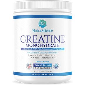 NutraScience Creatine Monohydrate Powder with BioPerine, Supports Lean Muscle Growth and Recovery, 60 Servings, 5000mg Per Serving, Unflavored, GMP sertified, Vegan Friendly, Non GMO
