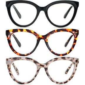 KoKoBin 3 Pack Retro Oversized Cat Eye Reading Glasses for Women Large Stylish Blue Light Blocking Spring Hinges Readers