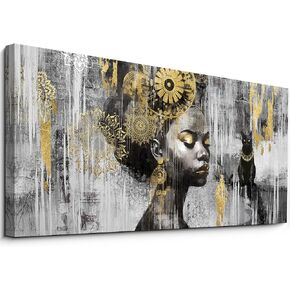 yiijeah Large Black and Gold Wall Decor - Black Girl Wall Art - Canvas Picture Artwork for Walls - Szie 30x60 Inches Gold Wall Decor for Living Room Home Office
