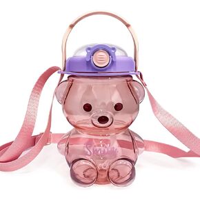 Kawaii Bear Water Bottle with Straw and Strap, Cute Water Bottles for Kids, Portable Leakproof BPA-free Drinking Cups for Girls Women Sports Camping Picnic Hiking Travel (Brown)