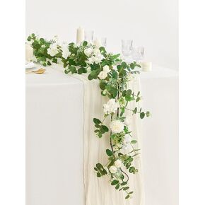 MISSPIN 5.9Ft Eucalyptus Garland with Flowers, Artificial Fake Flower Greenery Spring Garland for Baby Shower Wedding Mantle Table Centerpiece Spring Decor
