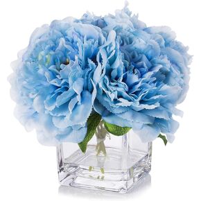 ENOVA HOME Silk Peony Flowers Arrangements in Cube Glass Vase with Faux Water for Home Table Wedding Centerpiece Decoration (Cream) in Saudi Arabia