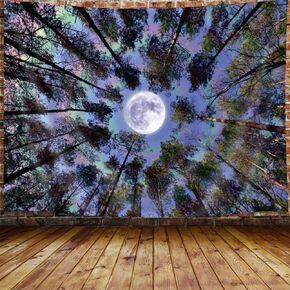 Ptrxobj Trippy Moon Forest Ceiling Tapestry for Bedroom Aesthetic, Cool Psychedelic Trees Starry Night Galaxy Sky Tapestry Wall Hanging, Tapestries Poster Blanket College Dorm Home Decor 60X40inches