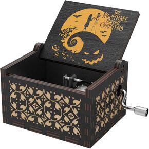 The Nightmare Before Christmas Wood Music Boxes, Wooden Carving Retro Hand Rotary Musical Box Best Gift for Halloween Christmas Thanksgiving Gift (Black)