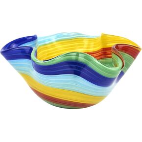 Badash Rainbow Murano-Style Art Glass Decorative Bowl - 8" Mouth-Blown Glass Floppy Centerpiece Bowl - Home Decor Accent
