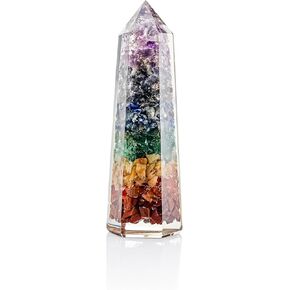 7 Chakra Orgonite Hexagonal Crystal Wand Point Tower - 6 Faceted Prism Single Pointed | for Meditation, Yoga, Gift, Home, Office Desk Decor and Reiki | Promotes Balance, Grounding and Positivity