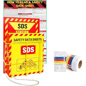 MSDS SDS Binder and Wall Station,Yellow Heavy Duty 3 Inch Material Safety Data Sheet 3 Ring Binder with SDS Wire Rack and Display Sign,Chain,Safety Posters,MSDS Labels,Binder Wall Mount