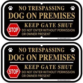 No Trespassing Dog On Premises Signs, 2 Pack Dog On Premises Keep Gate Shut Signs, 12x6 Inch Rust Free Aluminum Dog On Premises Do Not Enter Sign for Fence, Sturdy and Easy to Install