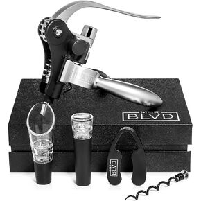 Wine Bottle Opener Set by M&R Blvd. - Professional Grade, Deluxe Screwpull Lever Corkscrew - Extra Spiral, Foil Cutter, Aerator Spout, Wine Stopper - Premium Bar Accessory & Wine Gift Set - Silver