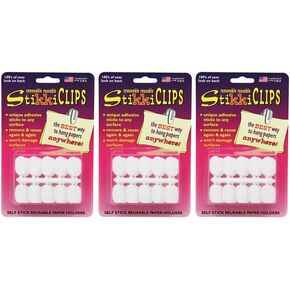 StikkiCLIPS Adhesive Clips, White, 30 Per Pack, 3 Packs