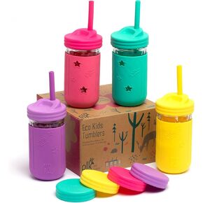 Elk and Friends Smoothie Cups For Kids & Toddler | The Original Glass Mason Jars 12 oz with Silicone Sleeves & Straws |Spill Proof|