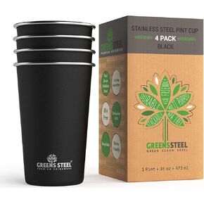 #1 أكواب فاخرة من الفولاذ المقاوم للصدأ بسعة 16 أونصة/475 مل كوب نصف لتر (4 عبوات) من Greens Steel - أكواب معدنية ممتازة - كوب متين قابل للتكديس in Kuwait