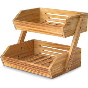 2 Tier Fruit Basket for Kitchen- Bamboo Fruit and Vegetable Storage Bowl Stand for Kitchen Countertop, Produce Basket Fruit Holder for Potato, Onion, Bread, Snack Storage