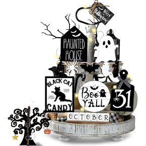 15 Pcs Halloween Tiered Tray Decor Set Cute Halloween Wooden Signs Farmhouse Rustic Tiered Tray Decoration Items for Home Table House Room Kitchen Party (Ghost, Bat)