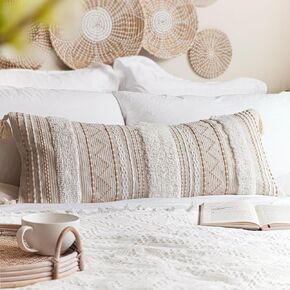 Decorative Lumbar Throw Pillow Cover 12x20 Cream Neutral White Rectangular Boho Accent Pillowcase Farmhouse Cushion for Couch Sofa Bedroom Living Home Décor (Cover ONLY, Pack of 1)