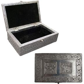 Vintage Jewelry Box Case | 9 Styles | Bronze or Silver Metallic Metal Plating with Floral Accent Designs | Perfect for Earrings Necklaces and Rings (Silver Elephants)