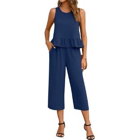 Anyhold Women's Summer 2 Piece Sets Casual Outfits Sleeveless Ruffle Crop Tops Wide Leg Tracksuits Loose Capri Pants with Pockets Large, Navy