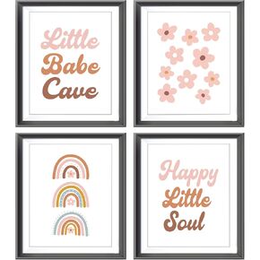 Little Babe Cave Happy Little Soul Boho Nursery Poster Prints for Kids Baby Girls Room Playroom Nursery Decor,Retro Groovy Hippie Rainbow Flowers Decorations Prints Wall Art Unframed 4pcs 8x10 Inches